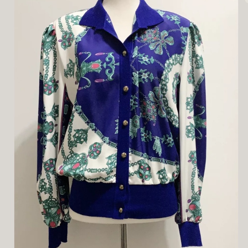 Vintage Shoulder Pad Jewel Print Button Bomber Style Blouse